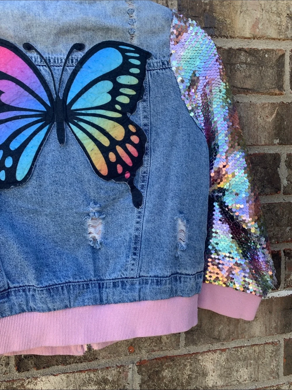 Take 50% OFF- Sequin-Sleeve Denim Bomber Jacket with Butterfly Accents, Sz-3XL